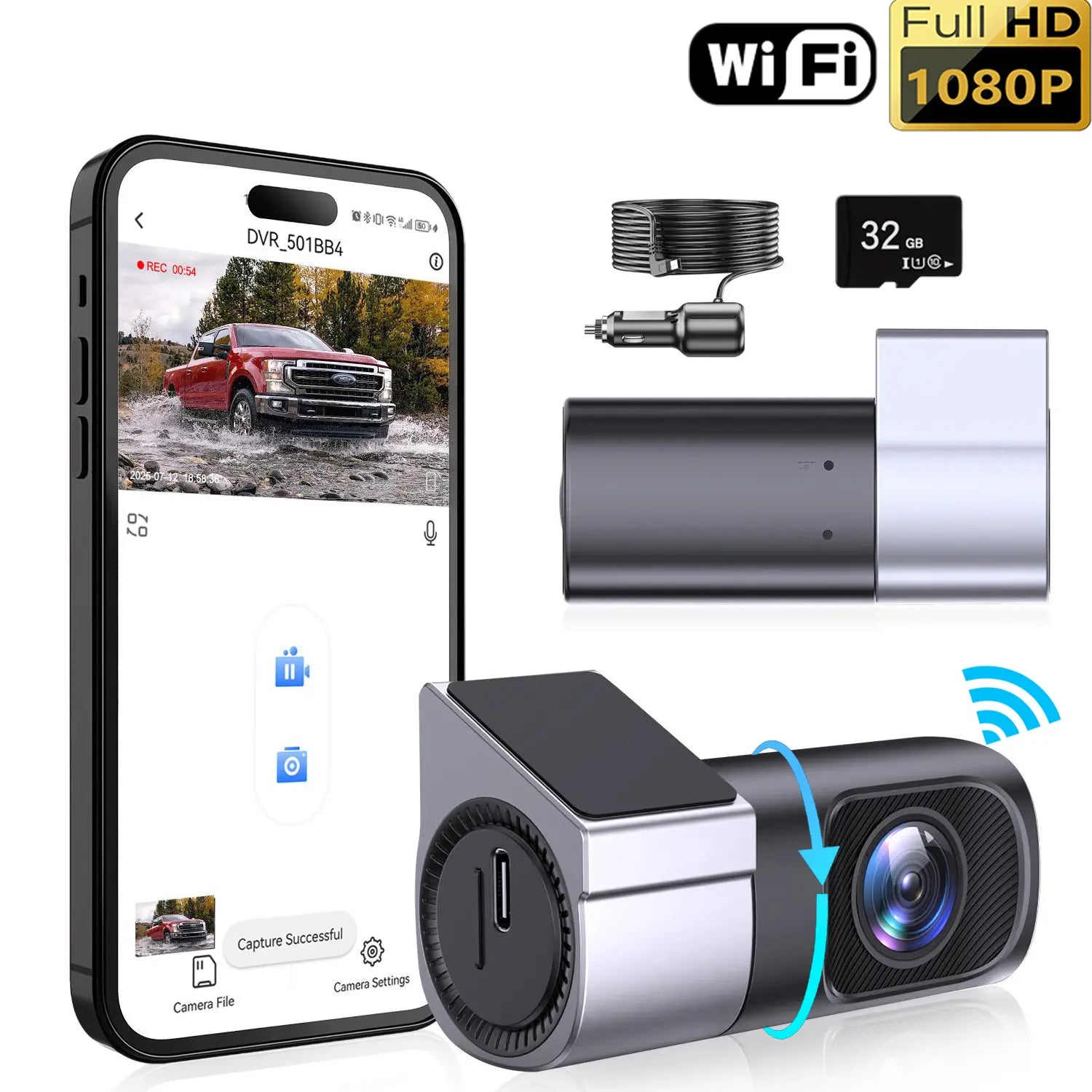Wired Wifi Dash Cam 1080P HD | 360° Rotatable Mini Car Camera with Night Vision, Loop Recording, 24H Parking Monitor Dvr Card Storage