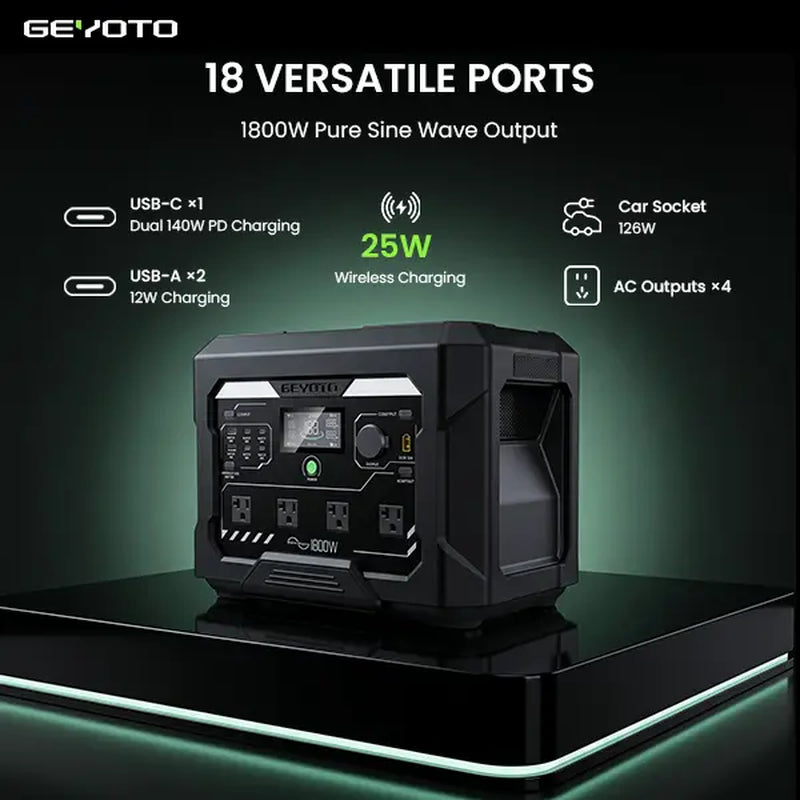 GEYOTO N1000 Portable Power Station - 1024Wh Lifepo4 Battery, 1800W AC Output (3000W P-Boost), 140W USB-C PD, 25W Wireless Charger, Fast-Charging Backup for Home & RV Power Outages