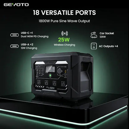 GEYOTO N1000 Portable Power Station - 1024Wh Lifepo4 Battery, 1800W AC Output (3000W P-Boost), 140W USB-C PD, 25W Wireless Charger, Fast-Charging Backup for Home & RV Power Outages
