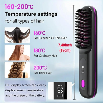 Straightening Hair Comb, Portable 2-In-1 Flat Iron Curler, Wireless & USB Rechargeable Lightweight Hot Brush for Quick Daily Styling