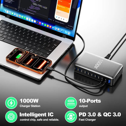 1000W USB C Charger Gan Fast USB C Charging Station Hub，10-Ports PD 140W Laptop Charging Adapter Compatible with Macbook Pro/Air,Iphone,Dell,Steam Deck,Galaxy,Google