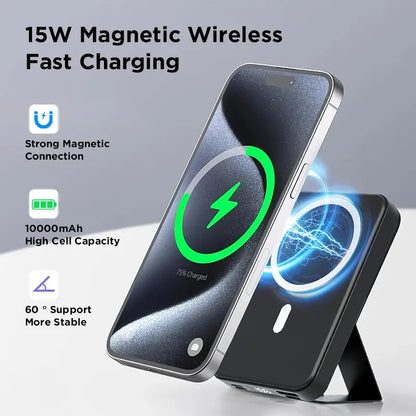 【Fathersdaygift】Magnetic Power Bank 10000Mah Wireless Portable Charger with USB-C Cable LED Display Foldable Battery Pack for Iphone17/ 16/15/14/13/12/Pro/Pro Max Series Charging Compact Silicone Black Fold