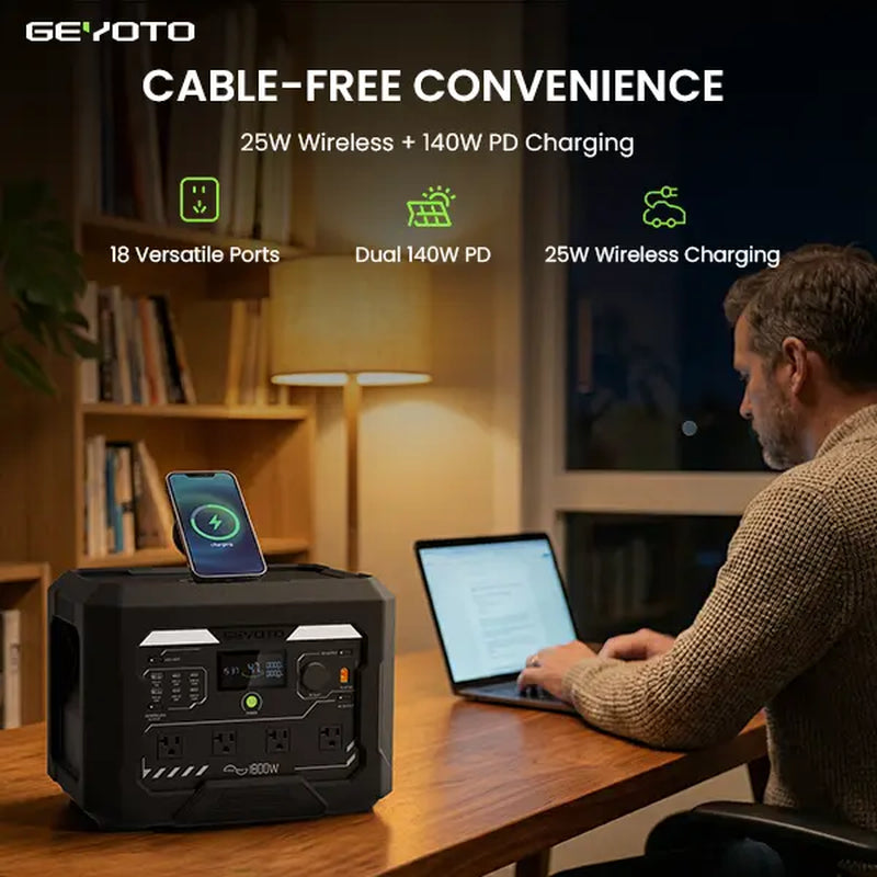 GEYOTO N1000 Portable Power Station - 1024Wh Lifepo4 Battery, 1800W AC Output (3000W P-Boost), 140W USB-C PD, 25W Wireless Charger, Fast-Charging Backup for Home & RV Power Outages