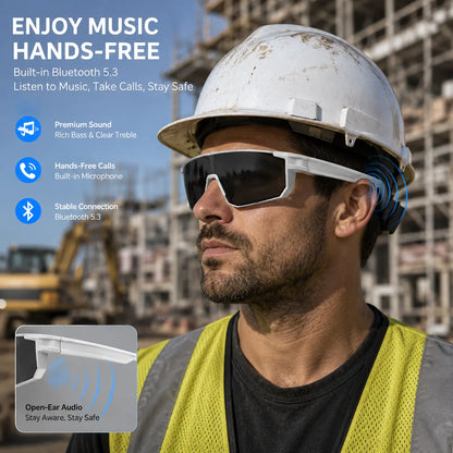 Photochromic Polarized Bluetooth Safety Glasses, Photochromic UV400 Lens, Dustproof and Waterproof, Open-Ear Music, Hands-Free Calls, AI Translation Eyewear for Warehouse, Construction, Delivery and Outdoor Work