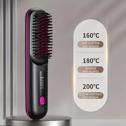 Straightening Hair Comb, Portable 2-In-1 Flat Iron Curler, Wireless & USB Rechargeable Lightweight Hot Brush for Quick Daily Styling