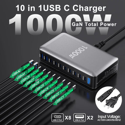 1000W USB C Charger Gan Fast USB C Charging Station Hub，10-Ports PD 140W Laptop Charging Adapter Compatible with Macbook Pro/Air,Iphone,Dell,Steam Deck,Galaxy,Google