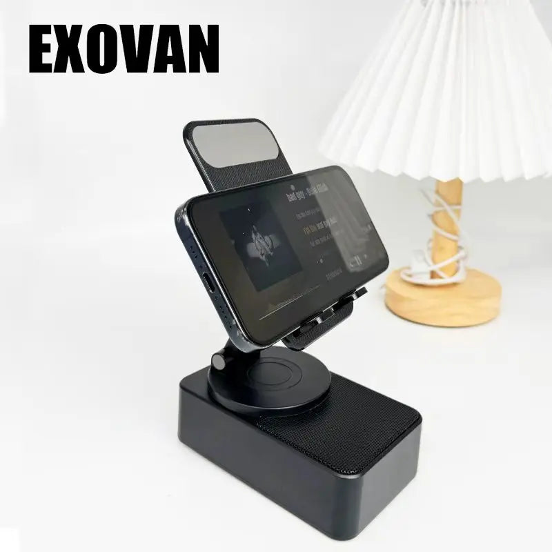 Wireless Audio Bluetooth Speaker 5In1 Phone Holder Emergency Rechargeable Withcolorful Ambient Light 300° Foldable for Tablet Iphone Android, Gifts for Men Women ，Black with LED Nightlight Wireless Induction Bluetooth Speaker Stand