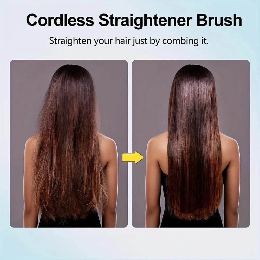 Straightening Hair Comb, Portable 2-In-1 Flat Iron Curler, Wireless & USB Rechargeable Lightweight Hot Brush for Quick Daily Styling